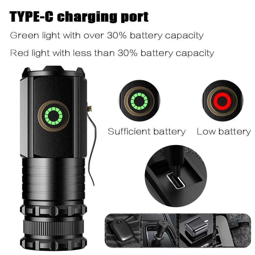 Powerful Mini LED Flashlight 2000LM Super Bright Keychain Light USB Rechargeable Torch Camping Lantern with Power Indicator W250701