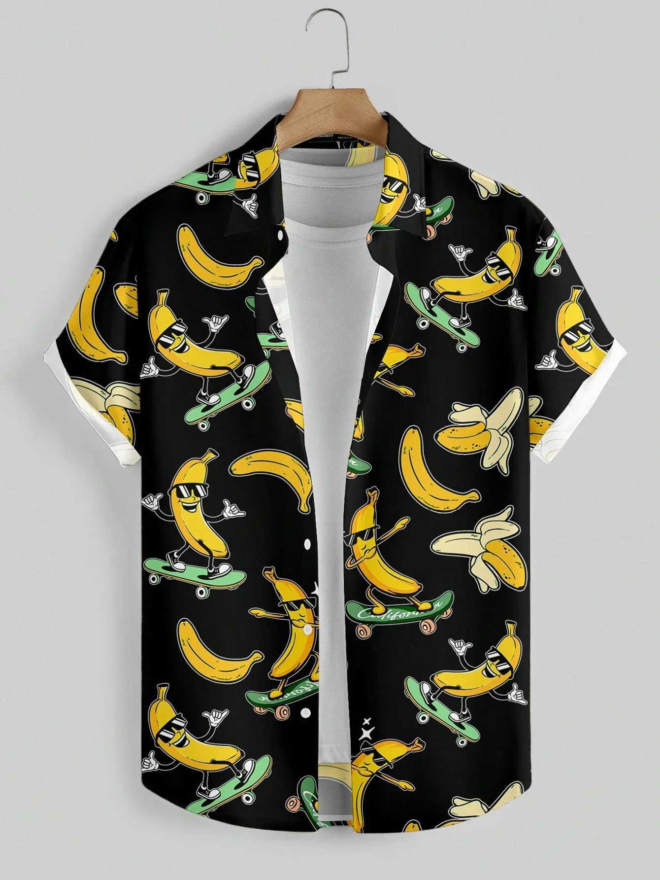 Fun Banana Print Mens Shirt Playful Tropical Short Sleeve Button-Up with Fruity Patterns for Summer Vibes Casual Wear W250627