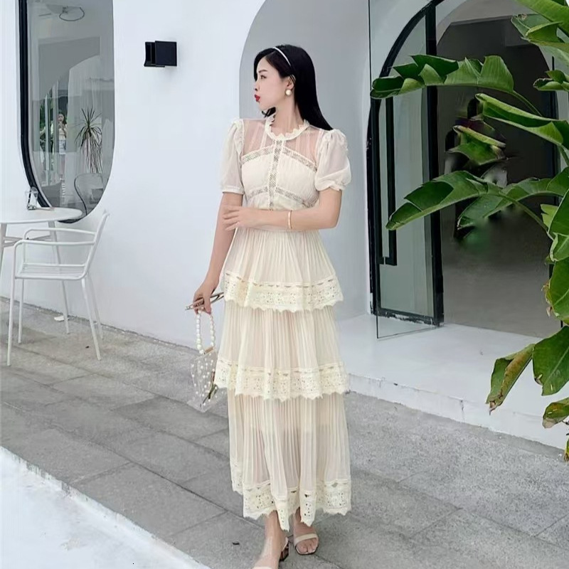 Women Cascading Ruffle Summer Self Portrait Dress Short Sleeve Lace Patchwork Maxi Long Vestidos 210520