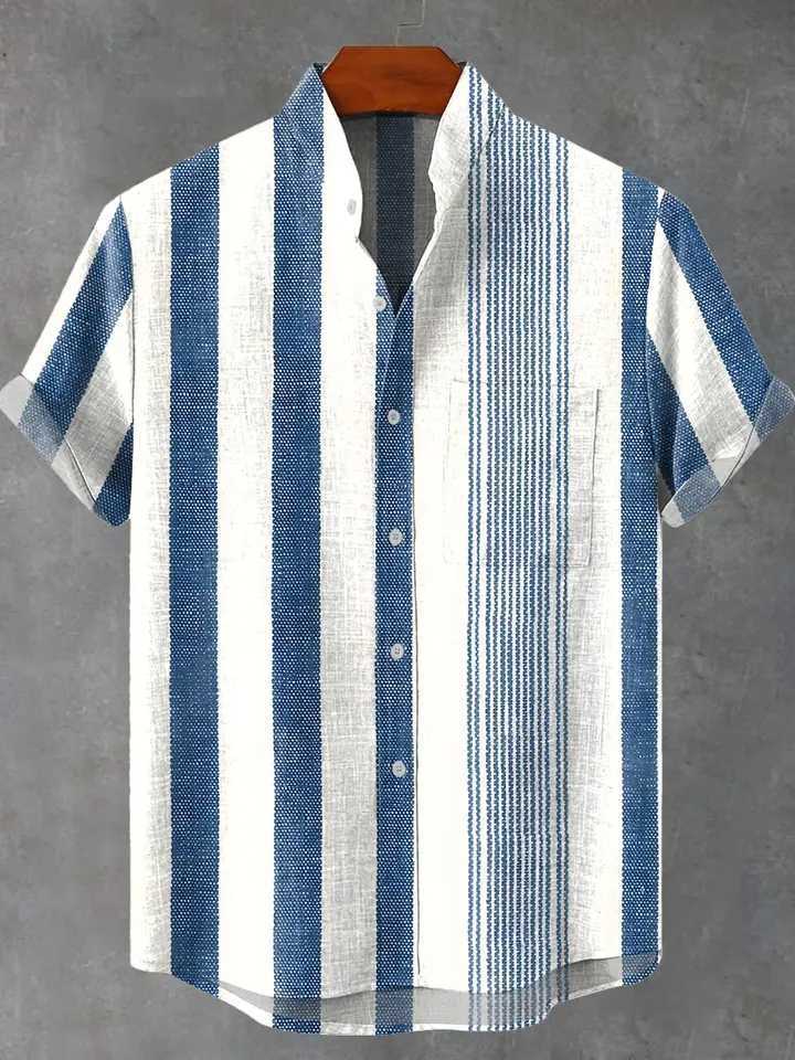 2025 Mens New Striped Linen Short Sleeve Shirt For Summer Refreshing And Comfortable Fabric High Quality Button Top W250627