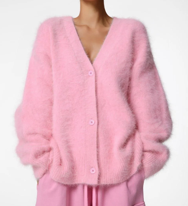 Imitation Mink Wool Knitted Sweater Cardigan Autumn/winter Lazy Loose Long Sleeved V-neck Sweater Jacket for Women