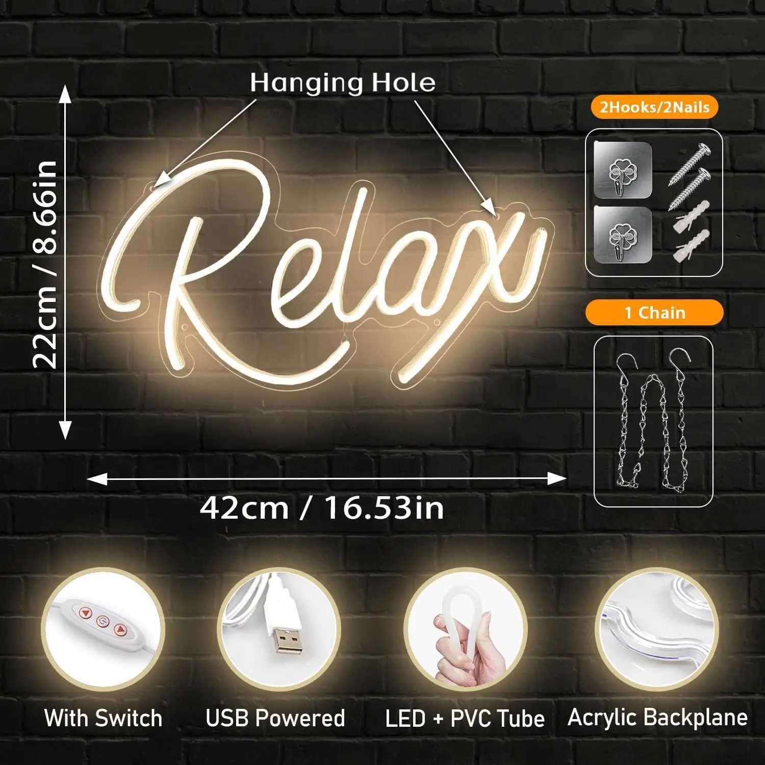 Relax Neon Sign LED Neon Sign Light for Wall Decor Letters USB Powered Dimmable Night Light for Bedroom Birthday Party Gift XJ250626