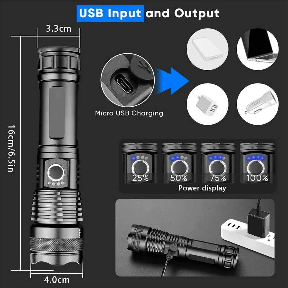 Strong LED Flashlight USB Rechargeable Powerful Tactical Torch Lamp Super Long Range Flash Light Outdoor Fishing W250701