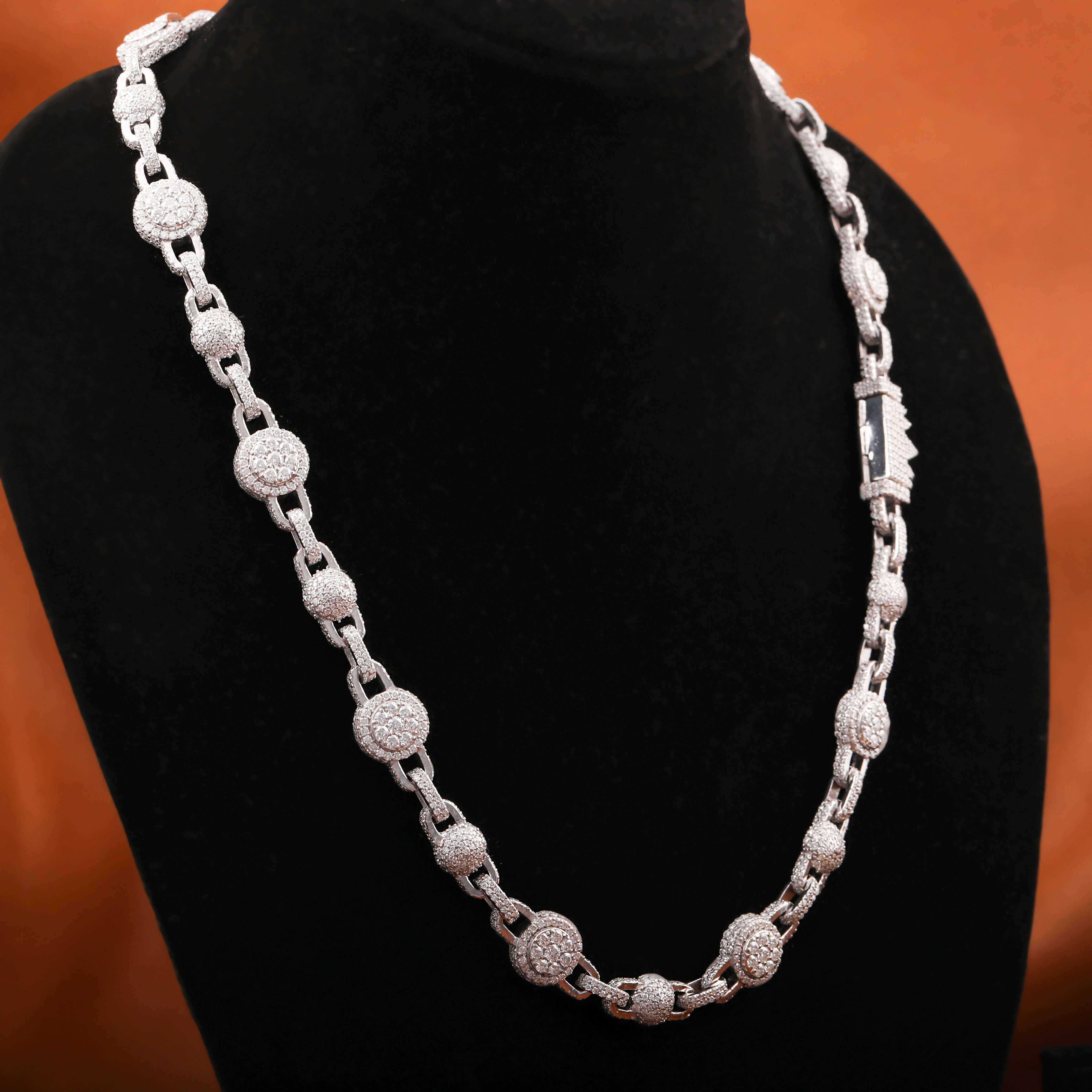 Cuban Ball Link Chain Iced Out Fine 925 Sterling Silver Moissanite Round Cut Diamond Link Chain with Hip Hop Rapper Style