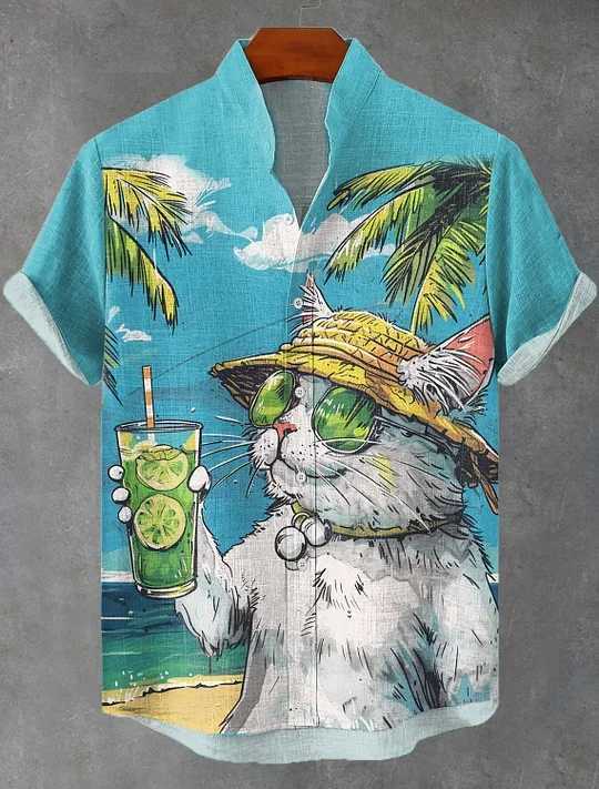 Summer Mens Retro Cartoon Anime Cat Theme Short Sleeve Shirt Short Sleeve Tops Fashion Casual Vacation Streetwear Mens Shirt W250627
