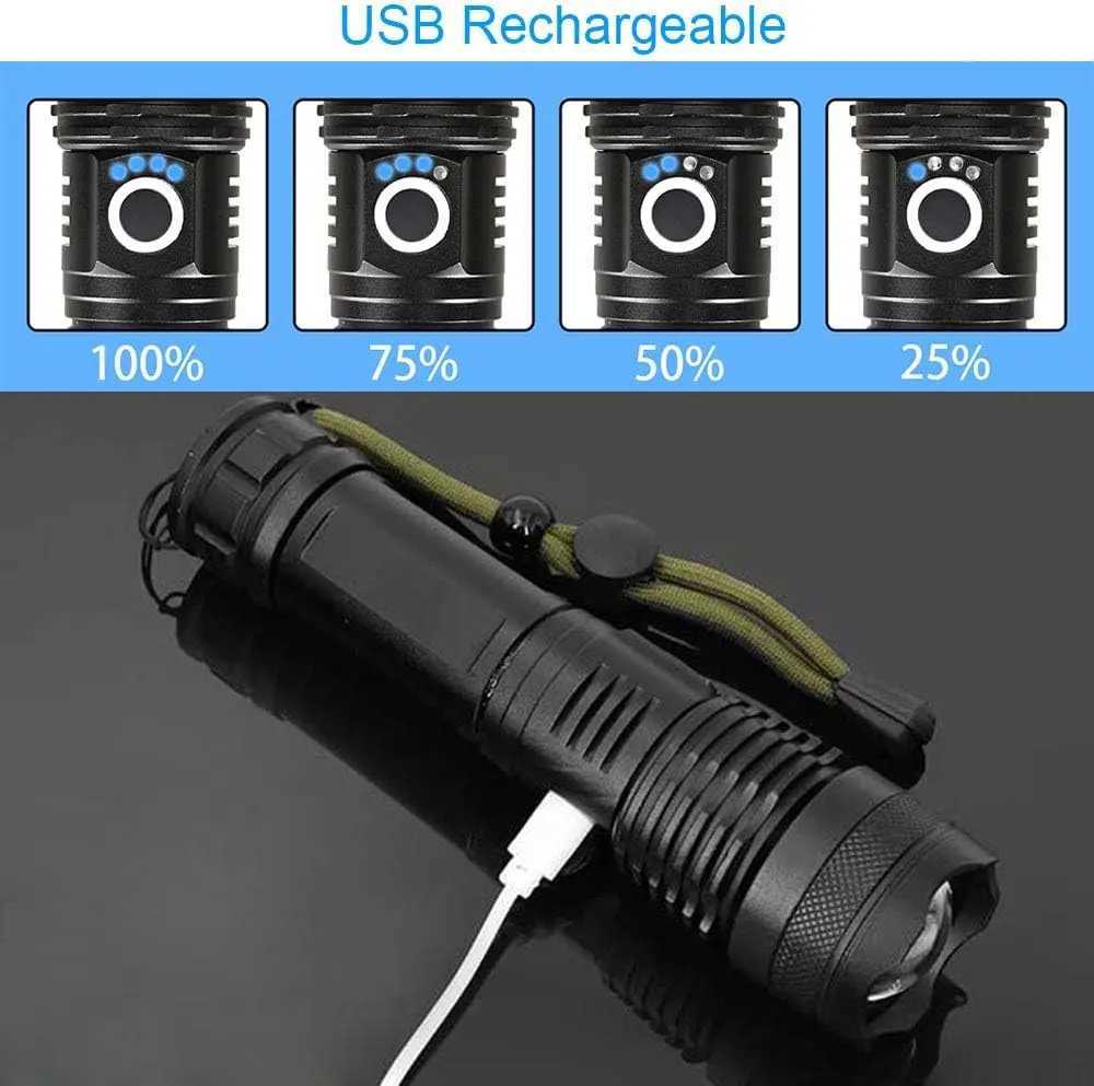 High Power Rechargeable LED Tactical Flashlight Aluminum Alloy Telescopic Zoom Torch Lamp for Outdoor Camping Fishing W250701