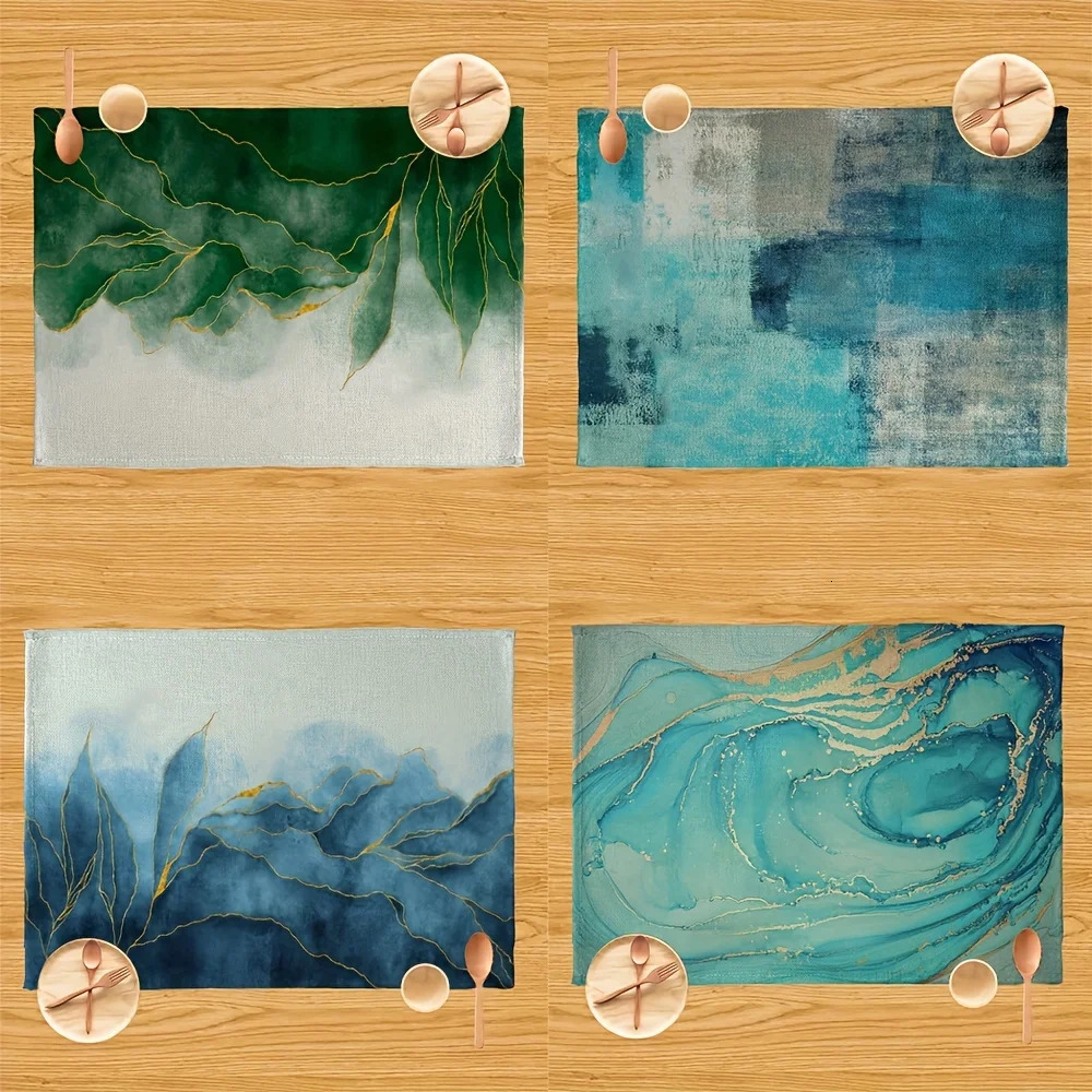 4pc Summer Style Teal Blue Rustic Marble Oil Painting Placemats Home Kitchen Dining Tabletop Protection Holiday And Room Decor 250626