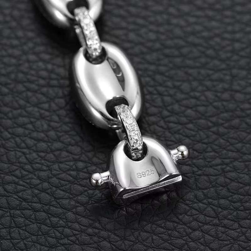 VVS Moissanite Diamond Cuban Link Chain Iced Out Coffee Bean Pig Nose Choker Necklace Hip Hop S925 Sterling Silver Link Chain