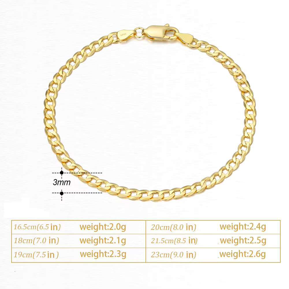 18K Gold Plated 3mm Width S925 Sterling Silver Cuban Chain Bracelet Simple Fashionable Handmade Bracelet Jewelry for Men Women