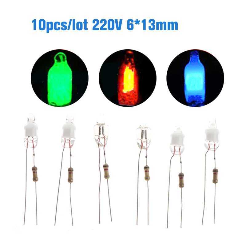 10Pcs Neon Indicator Light Green Red Blue Signs 6mm Neon Lamp Glow 2 Copper Wire 6X13mm Neon Indicator Bulbs XJ250626