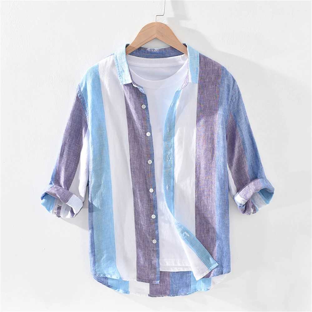 Summer Linen shirts for men Three-quarter sleeves striped mens Casual shirt Loose and breathable freshness Thin mens tops W250627