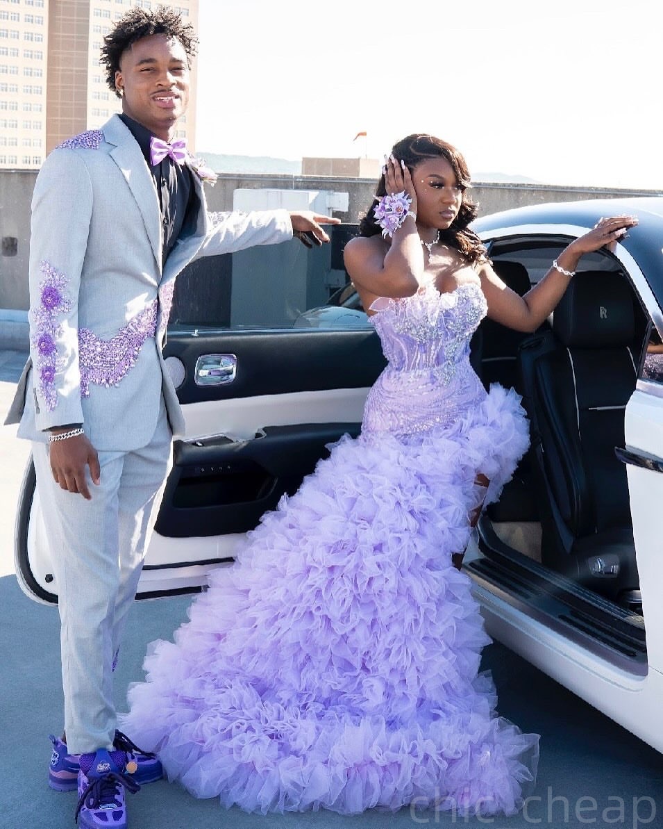 Lilac Mermaid Prom Dresses 2025 Florals Crystals Lace Tiers Tulle Evening Formal Party Second Birthday Engagement Gowns Plus Size Dress For Special Oc