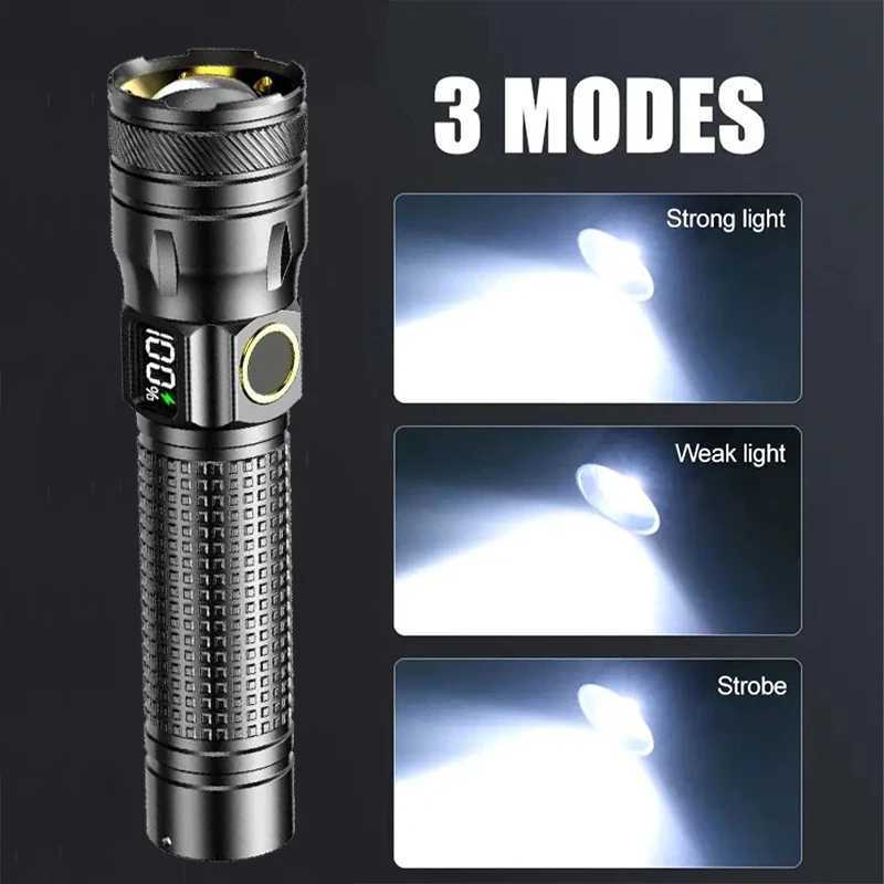 Aluminum Alloy Rechargeable LED Flashlight With Power Display High Power Torch Light Outdoor Waterproof Camping Lantern W250701