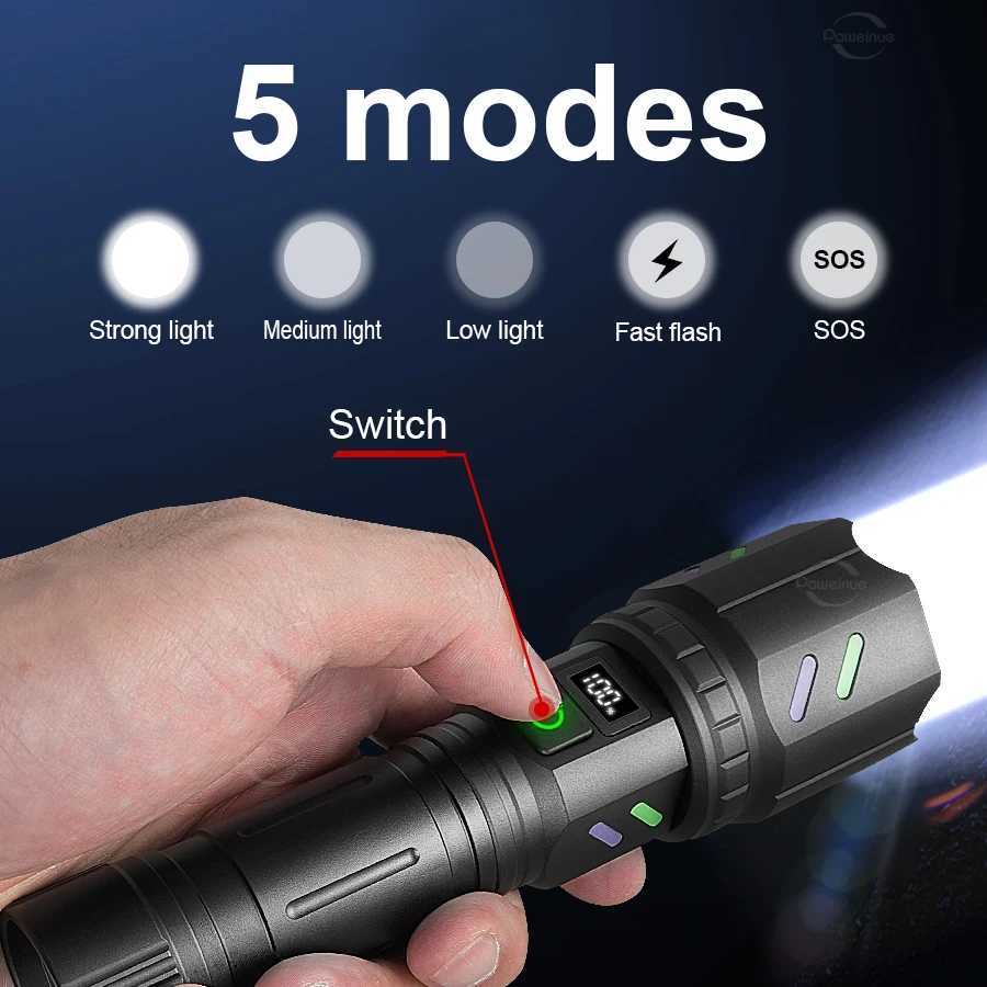 1000000LM Ultra-High Powerful Flashlight Battery Display Rechargeable Tactical Torch Ignitable Hand Lamp Outdoor Camping Lantern W250701