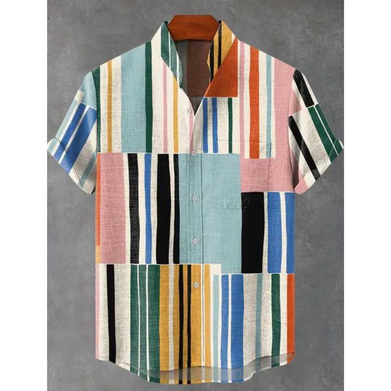 2025 Summer New Color Blocked Art Elegant Pattern Printed Linen Short Sleeved Shirt Comfortable High Quality Button Mens Top W250627