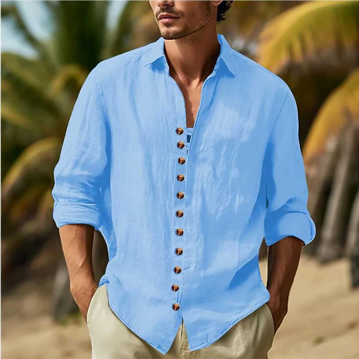 Mens Button-down Casual Shirt Cotton Long-sleeve Shirt with Collar for Spring and Autumn Festivals W250627