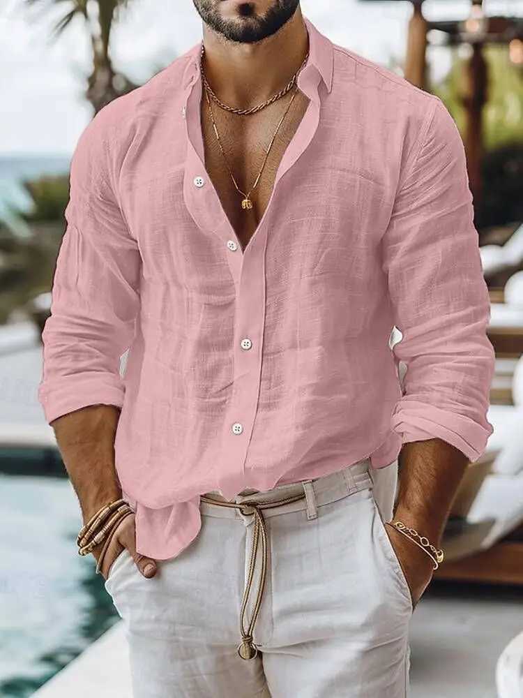 Casual Breathable Loose Cotton Linen Shirt Mens Spring Autumn Leisure Solid Color Cardigan Tops Men Vintage Button Lapel Shirts W250627