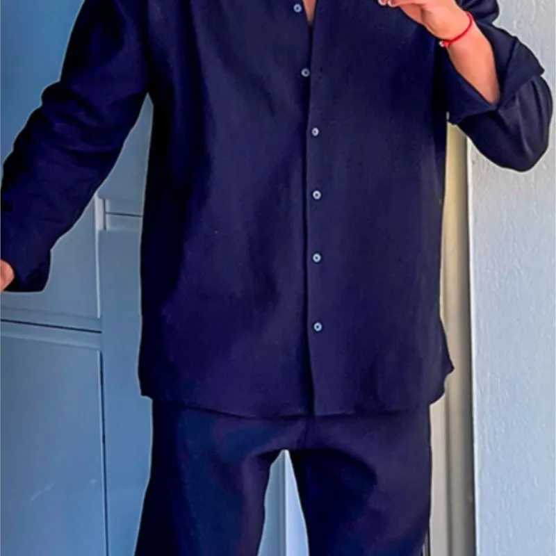 Mens Light Luxury Sports Cotton And Linen Stand Collar Long Sleeve Casual Shirt Fashionable Lace Up Pants Mens Casual Suit XJ250627