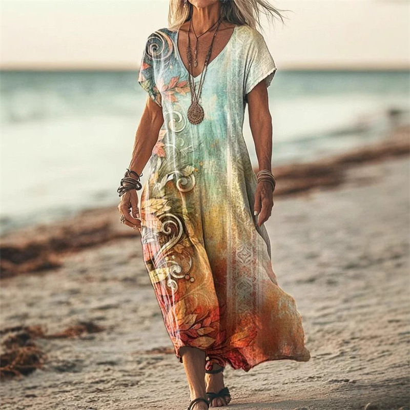 D6272New style printed summer loose new style V-neck short-sleeved dress v-neck