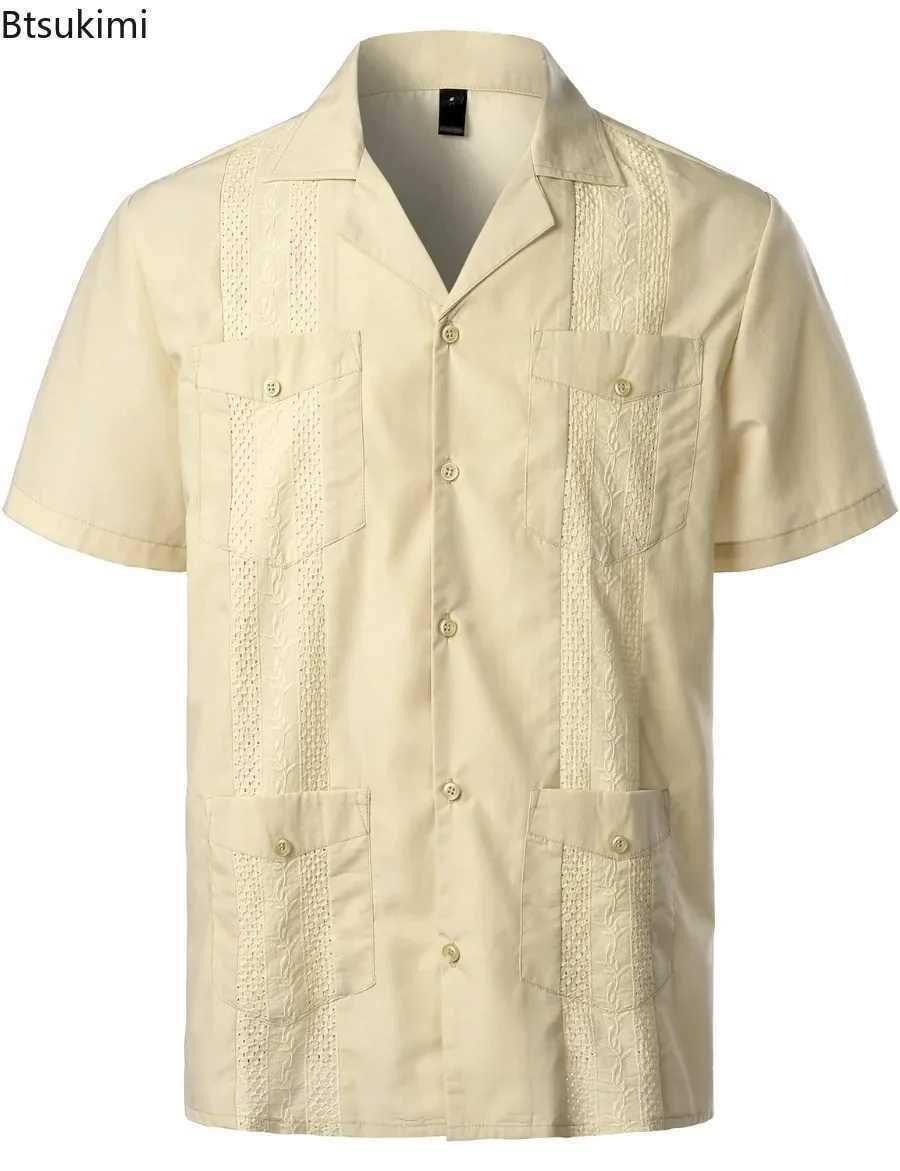 Summer New Mens Shirts Multi-pockets Lapel Short Sleeve Single Breasted Cardigan Male Casual Beach Shirts Traditional Costumes W250627