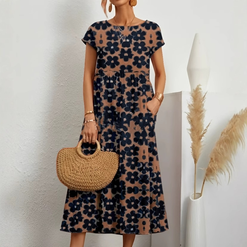 K6271European and American summer new loose round neck printed pocket dress for women