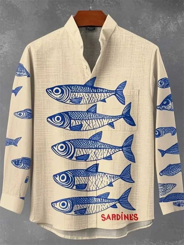 2025 New Retro Style Fish 3D Printed Mens Shirt Fashion Design Casual Linen Comfortable Fabric Button Long Sleeve Shirt W250627