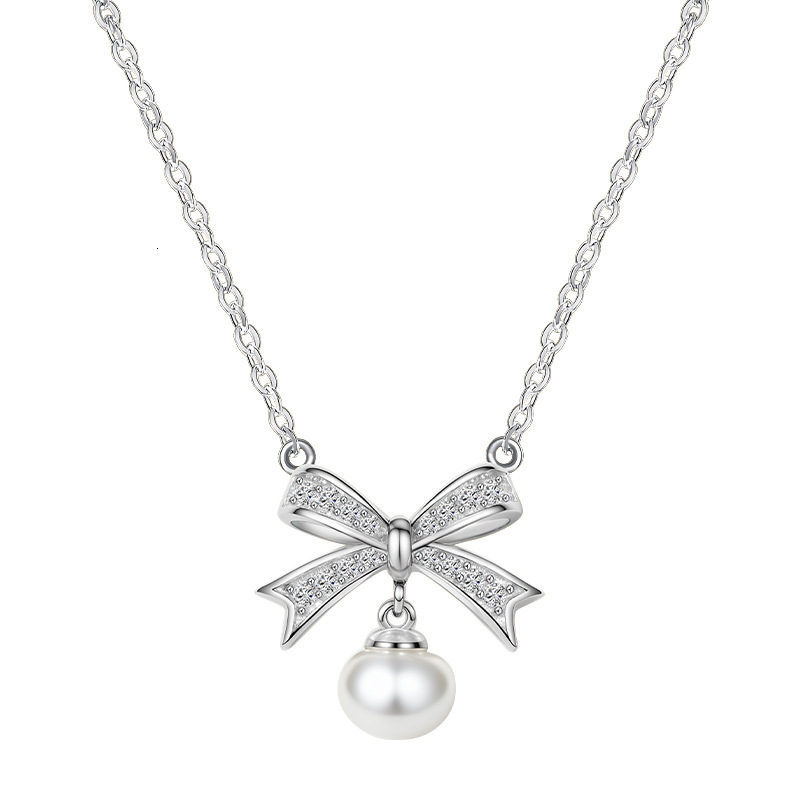 Free Shipping Designer Necklace, Natural Freshwater Pearl Bow Necklace, Women's Fashion Micro-inlaid Zircon Tassel Collarbone Chain