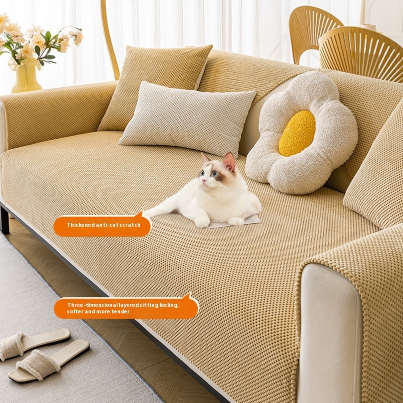 Corn Plush Simple Modern Non-Slip Seat Cushion Autumn Winter Style Rice Grain Velvet Solid Color Sofa Cover