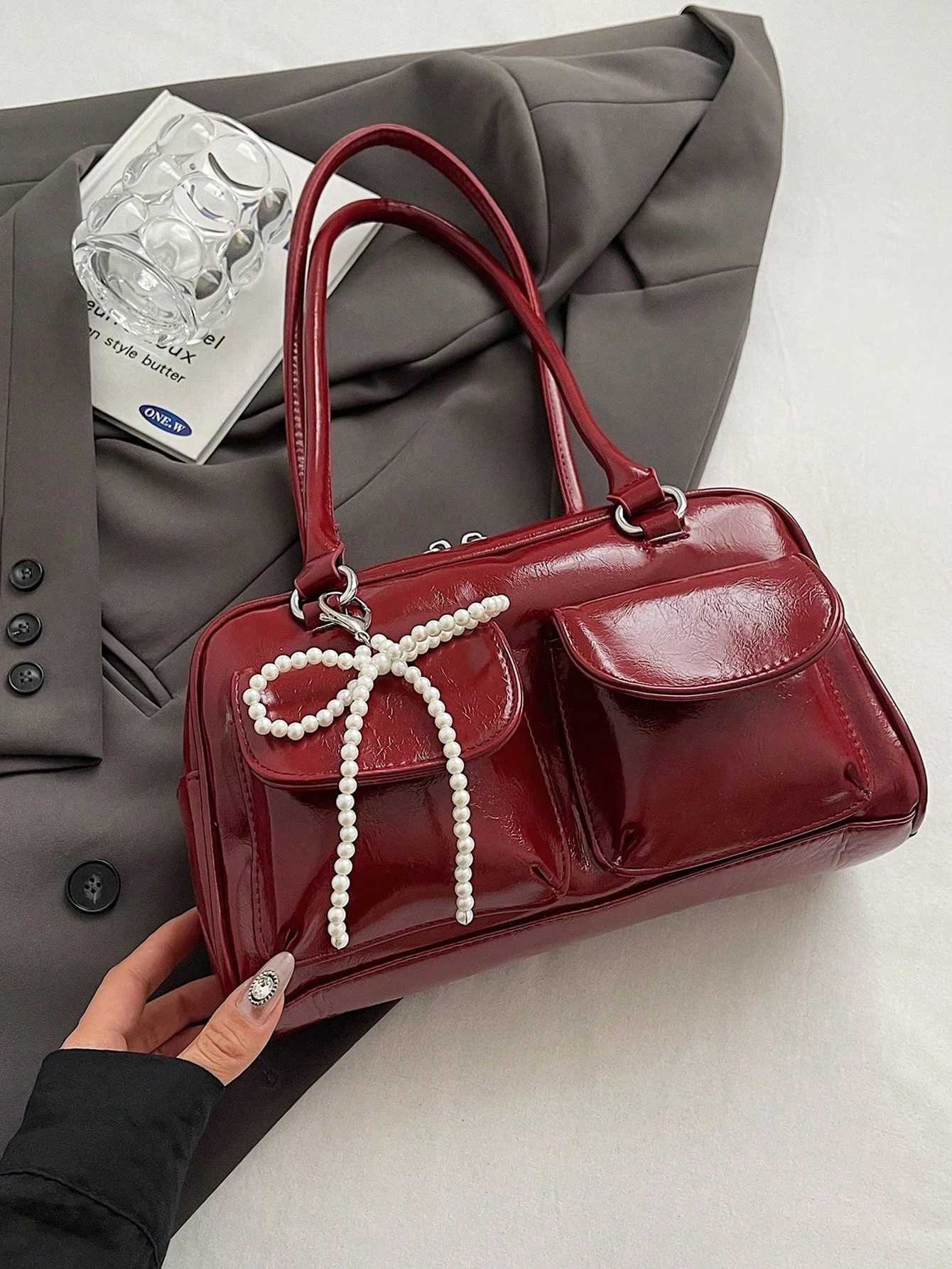 New fashion classic all-match solid color PU waterproof fabric womens handbag beaded bow decoration design large capacity shoulder bag XJ250627