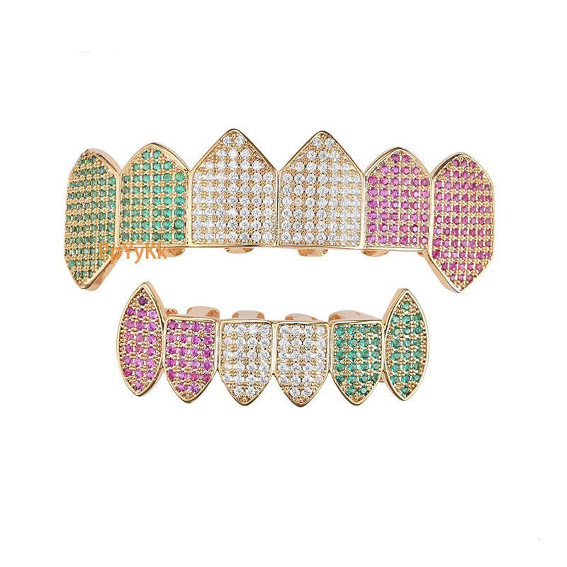 premium moissanite hip hop grillz colorful iced out pointed fangs gold teeth fashion accessories Custom Gold Grillz Pass the diamond tester