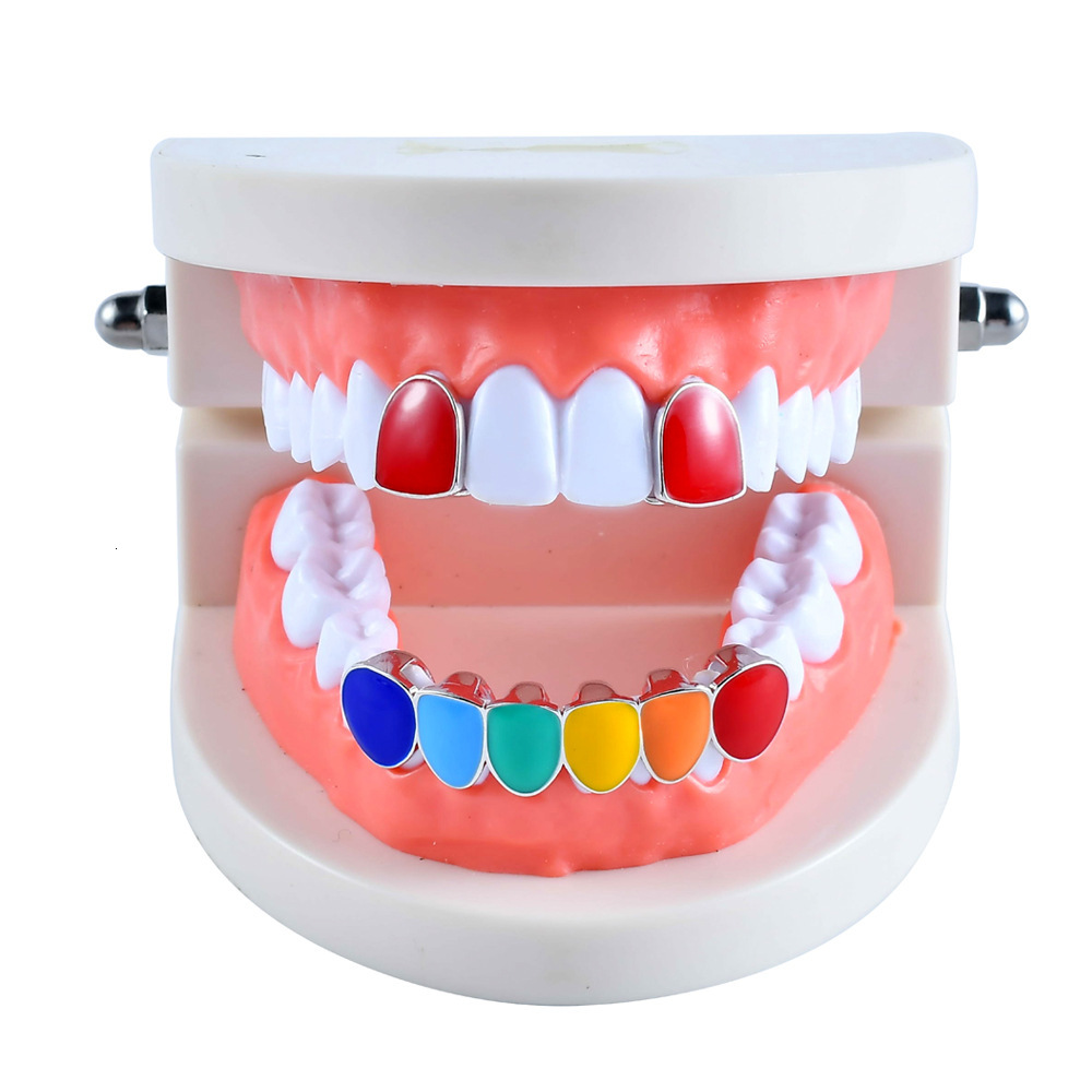 new arrival hip hop rainbow 2-teeth combo grillz 18k solid gold premium bling accessories Rapper Costume Accessories Pass the diamond tester