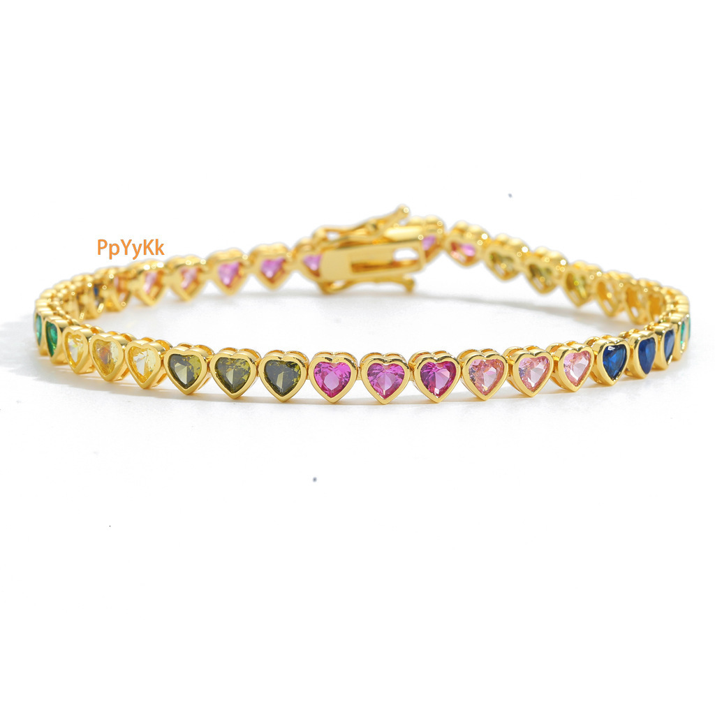 New Fashion Iced Out Colorful Heart Tennis Chain Rainbow Moissanite Bling Bling Hip Hop Heart Shaped Bracelet Unique Statement Accessory Pass the diam