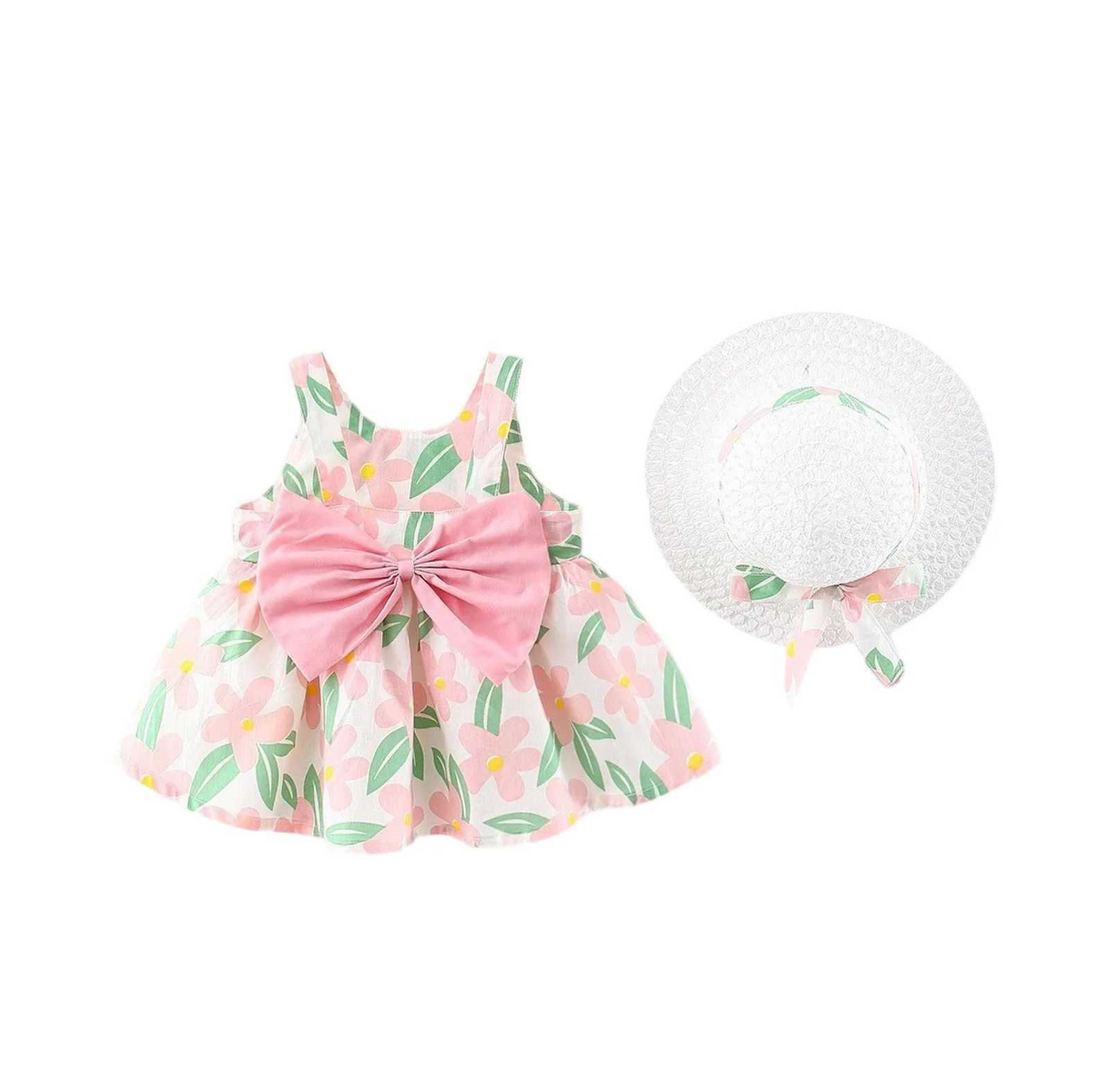 2-piece Summer Set of Baby Girl Dress Hat Girls Big Bow Casual Cotton Print Cute Round Neck Sleeveless Dress R250707