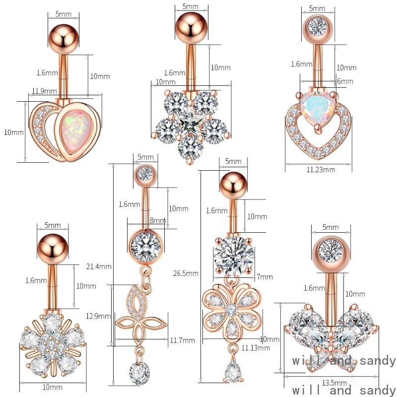 Anti Allergy Stainless Steel Bell Button Ring Crystal Zirconia Flower Heart Butterfly Chain Navel Belly Rings Body Piercing Jewelry for Women Summer J