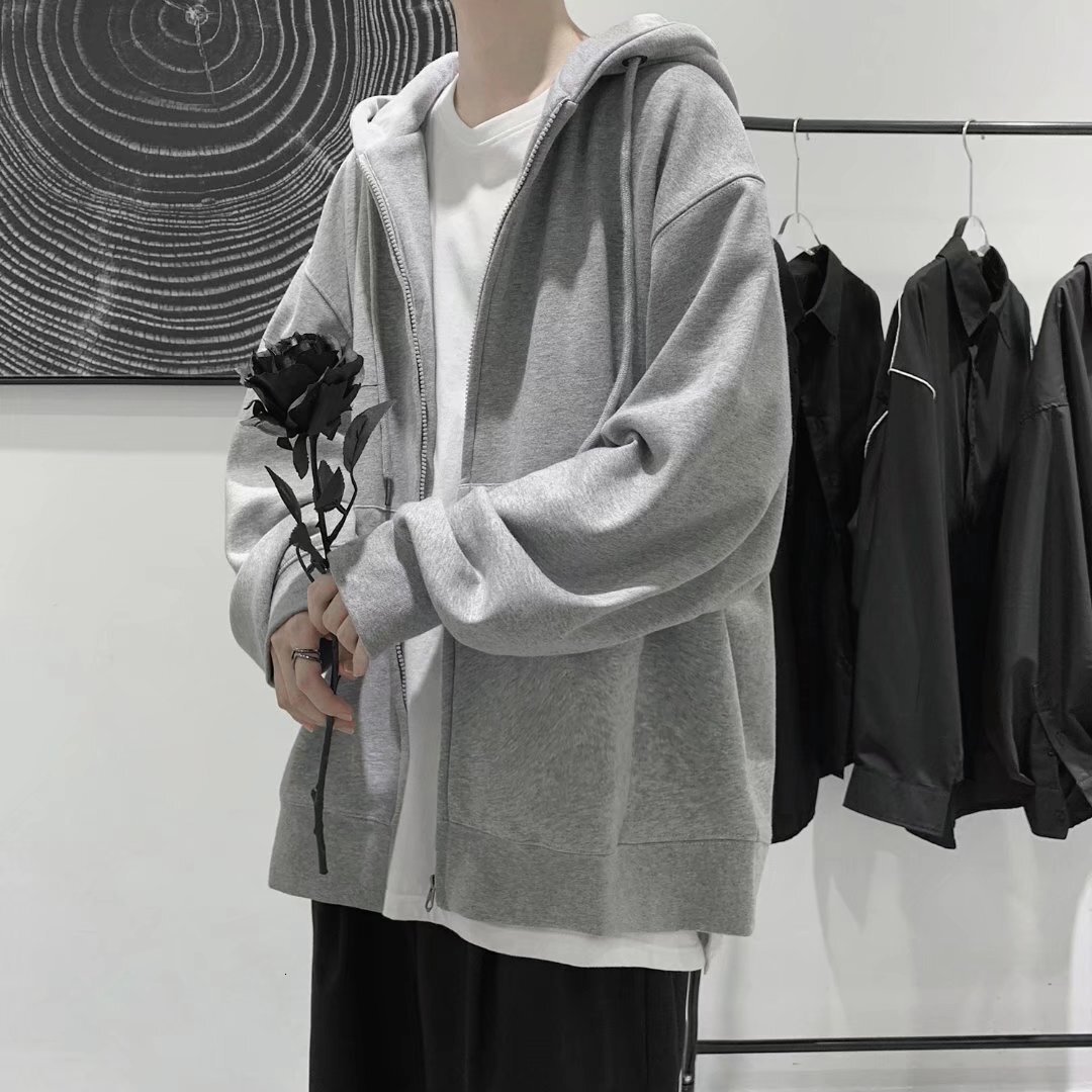 Cardigan Hoodie Sweatshirt for Men, Autumn New Korean Style Trendy Top, Loose Casual Solid Color Jacket