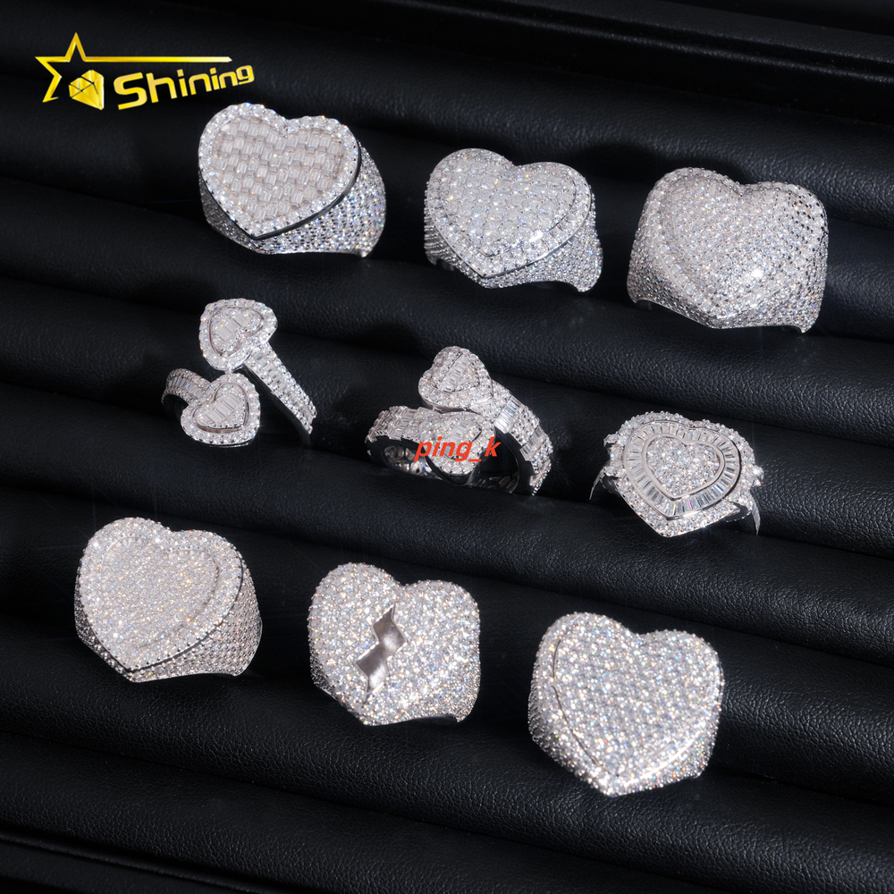 Stocks Fine Jewelry 925 Sterling Silver Gold Plated Ice Out Men Rings Heart Shape VVS Moissanite Hip Hop Ring