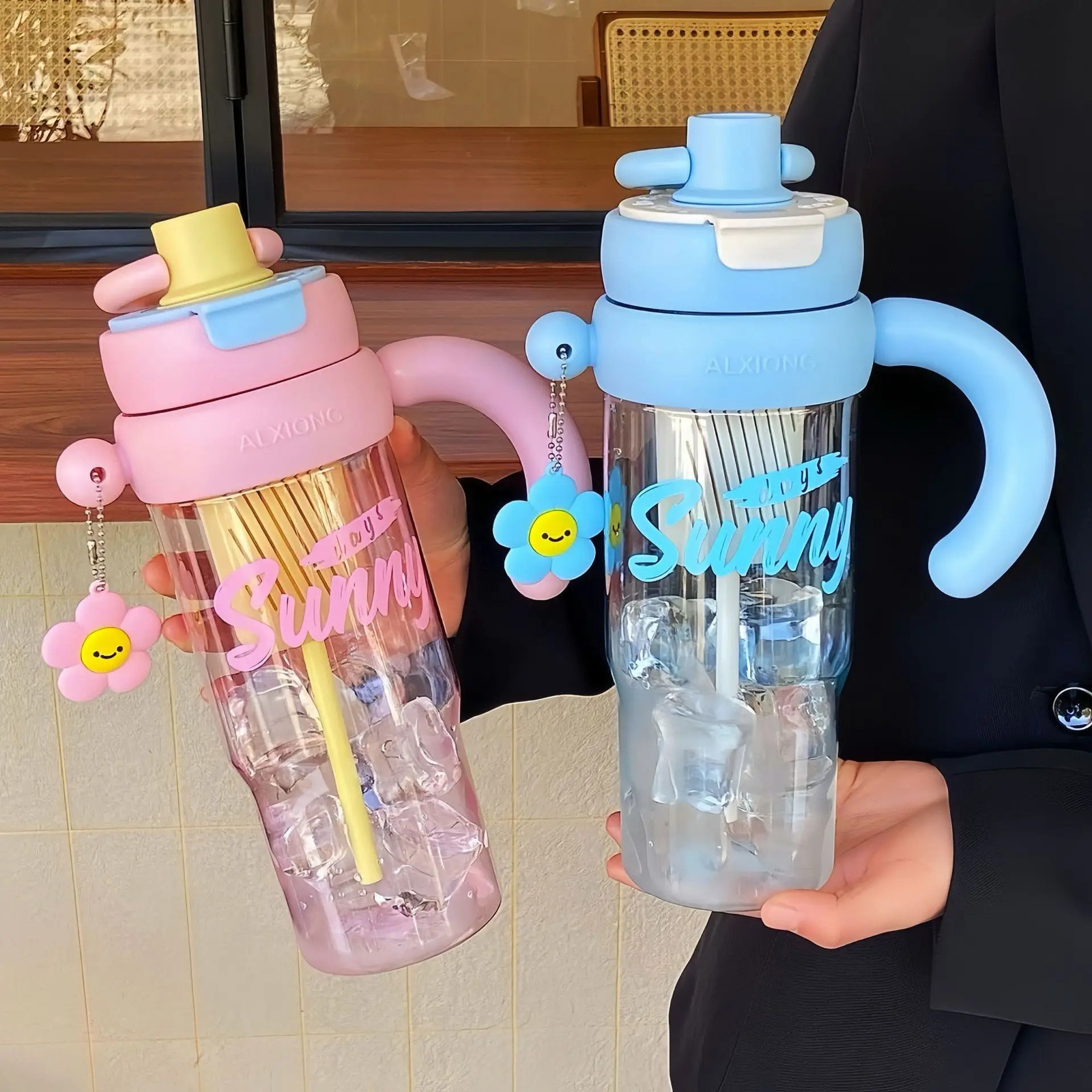 High Value Summer Bingba Cup with Handle Large Capacity Girls Water Cup Portable Car Double Drink Plastic Straw Cup Water Bottle 250624
