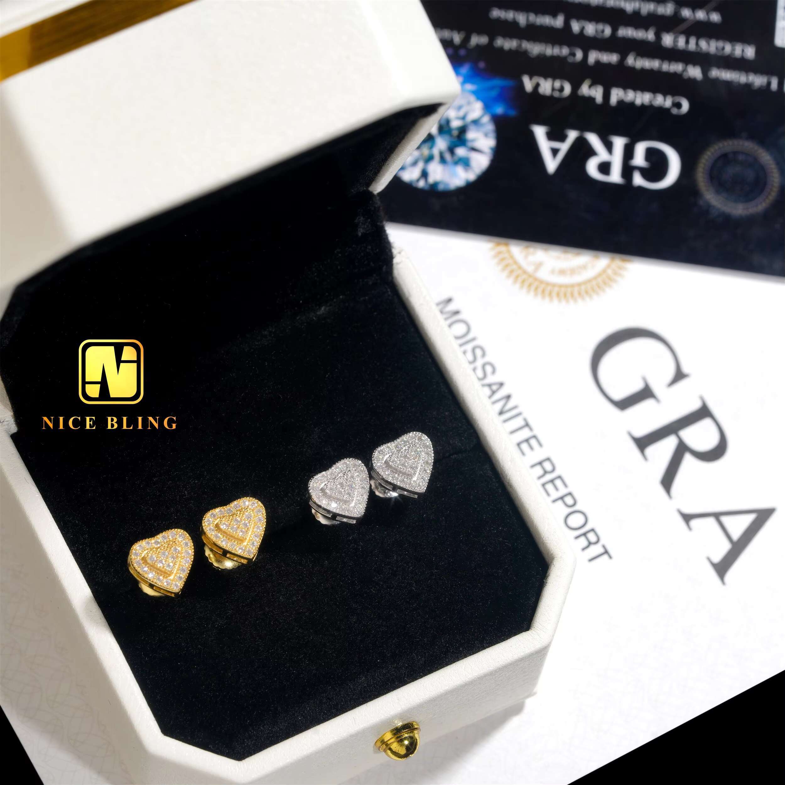 Screw Back Earrings 18K Gold Plated Heart Shape Ear Studs Fine Jewelry Hip Hop Silver Moissanite Diamond Earrings for Men Women