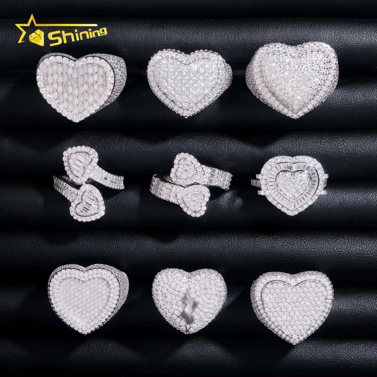 Stocks Fine Jewelry 925 Sterling Silver Gold Plated Ice Out Men Rings Heart Shape VVS Moissanite Hip Hop Ring