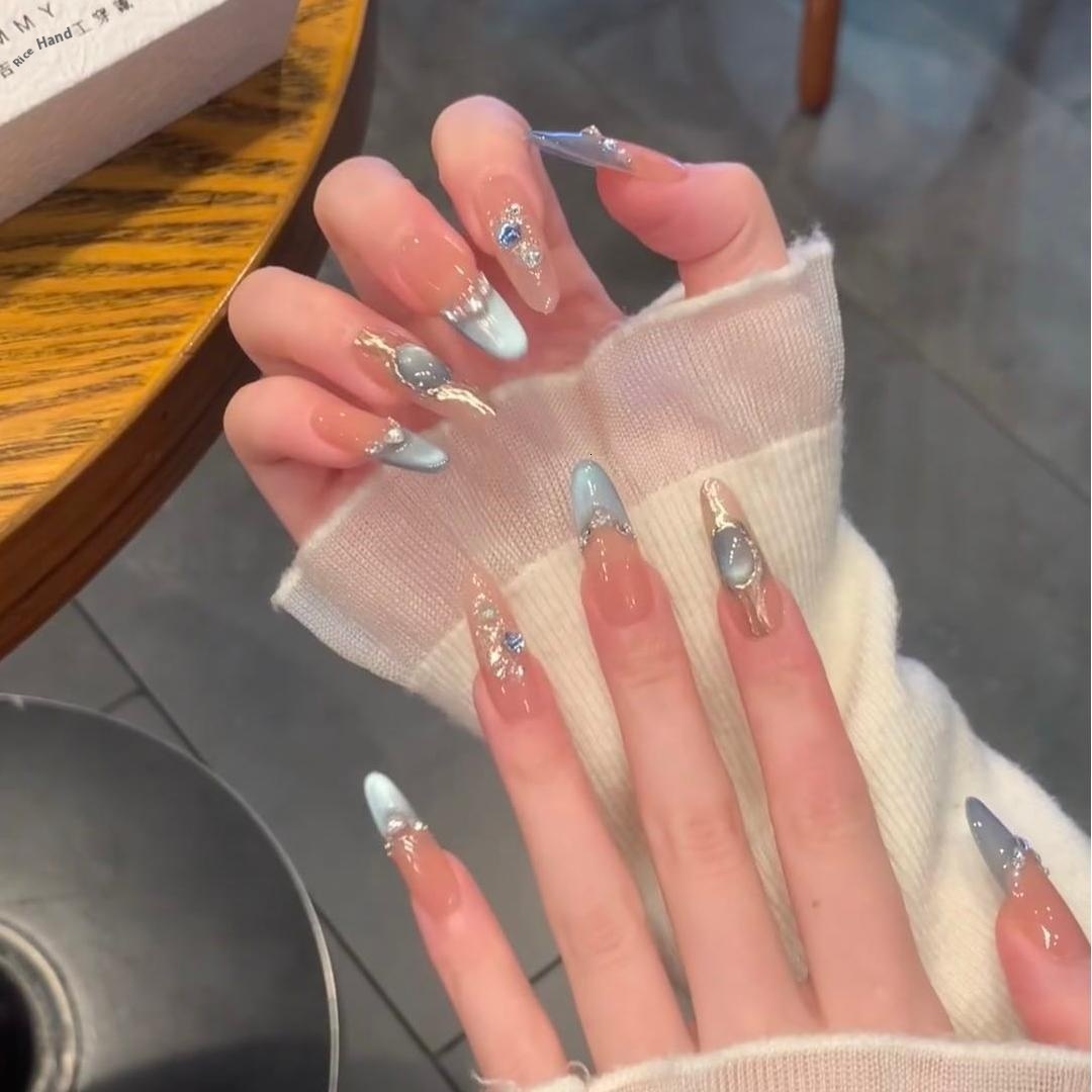 Handmade Wearable Nails Ocean Star Cool Sensation Cat Eye Blue French Glass Beads Gentle Fairy Summer Nail Stickers