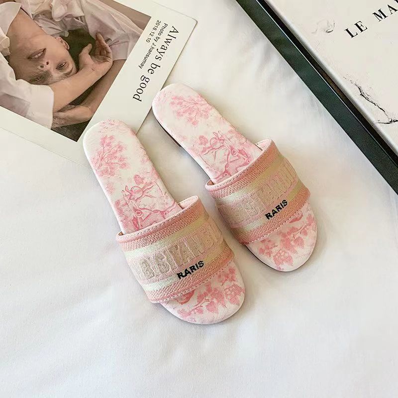 hot designer slippers flat slides for womens sandals girl blue pink fashion embroidery slipper outdoor shoes size 35-42 0010