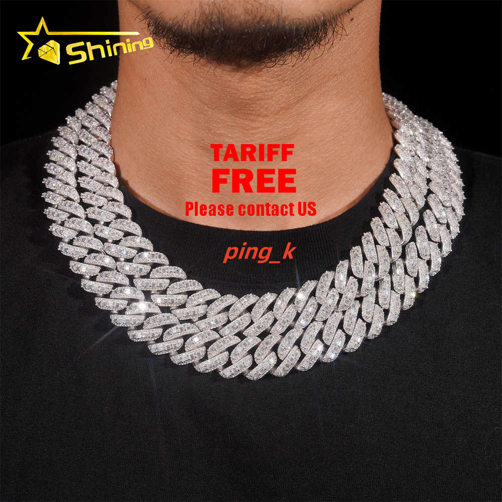 Baguette Moissanite 18mm Necklace Fine Jewelry VVS Iced Out Moissanite Pass Diamond Test 925Silver Gold Hip Hop Cuban Link Chain
