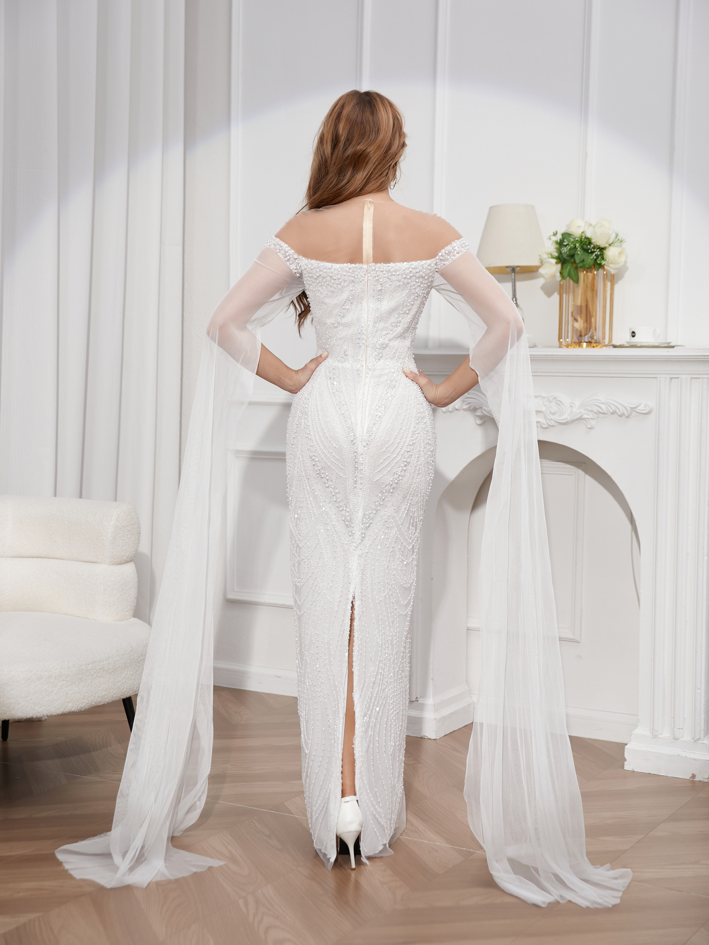Prom dress trailing skirt chest fashion beaded perspective sexy slim dress elegant tulle long sleeve dress prom dress white bridesmaid dress