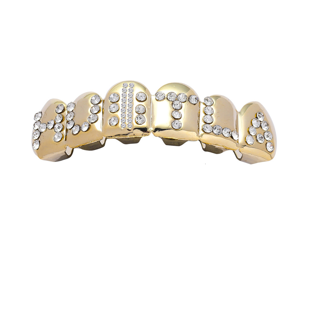 18K Gold Iced Out Lettered Diamond Grillz Vampire Fake Teeth Luxury Halloween Accessory
