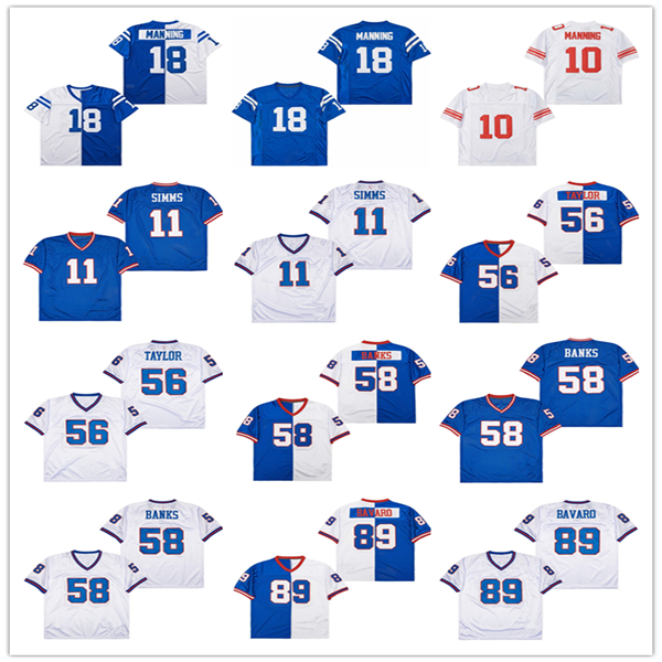 Throwback American Football Jersey 10 Eli Manning 56 Lawrence Taylor 11 Phil Simms 53 Harry Carson 58 Carl Banks 89 Mark Bavaro Stitched Blue White Retro Shirt