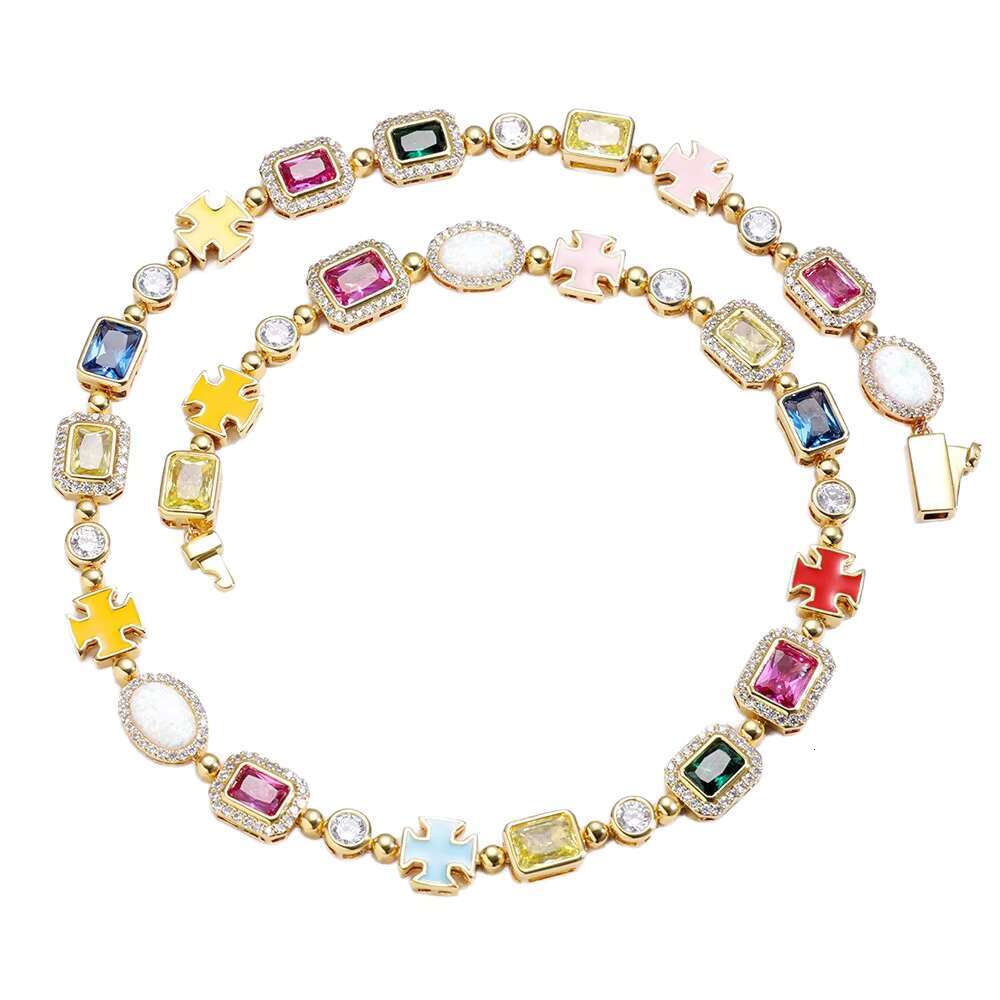 European American High-End Copper Material Necklace with Colored Gemstone Cross-Border Hip-Hop Style Wholesale for Men Women