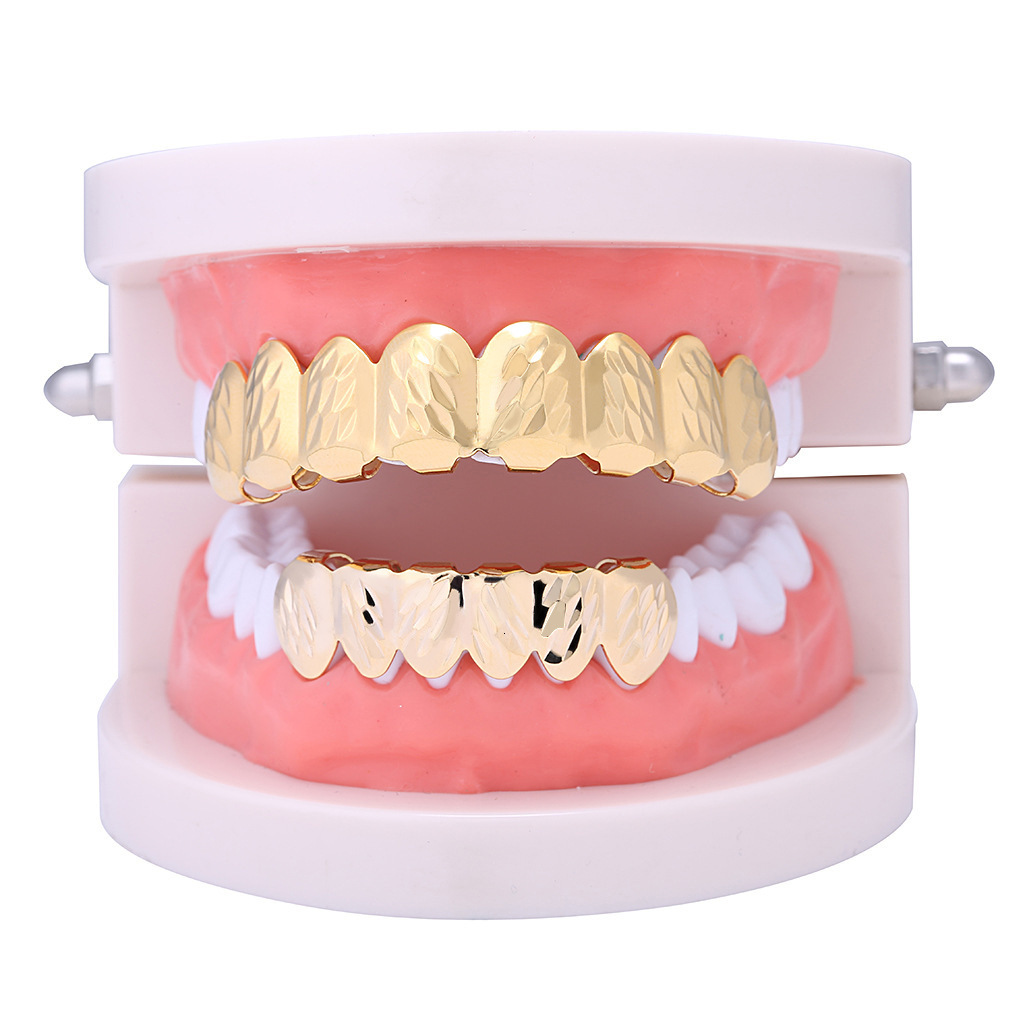 New Arrival Hip Hop Two-tone 8-teeth Grillz 18k Gold Premium Rapper Gold Teeth Accessories Rapper Costume Accessories Pass the diamond tester