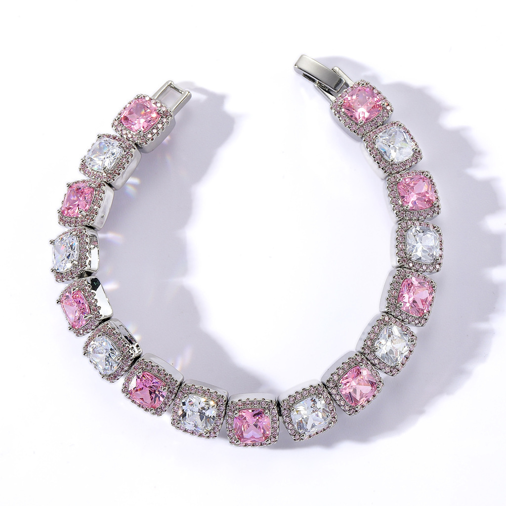10MM Pink Moissanite Iced Out BlingChain Hip Hop Bracelet - High-Quality Luxury Unisex Jewelry Passes the Diamond Tester