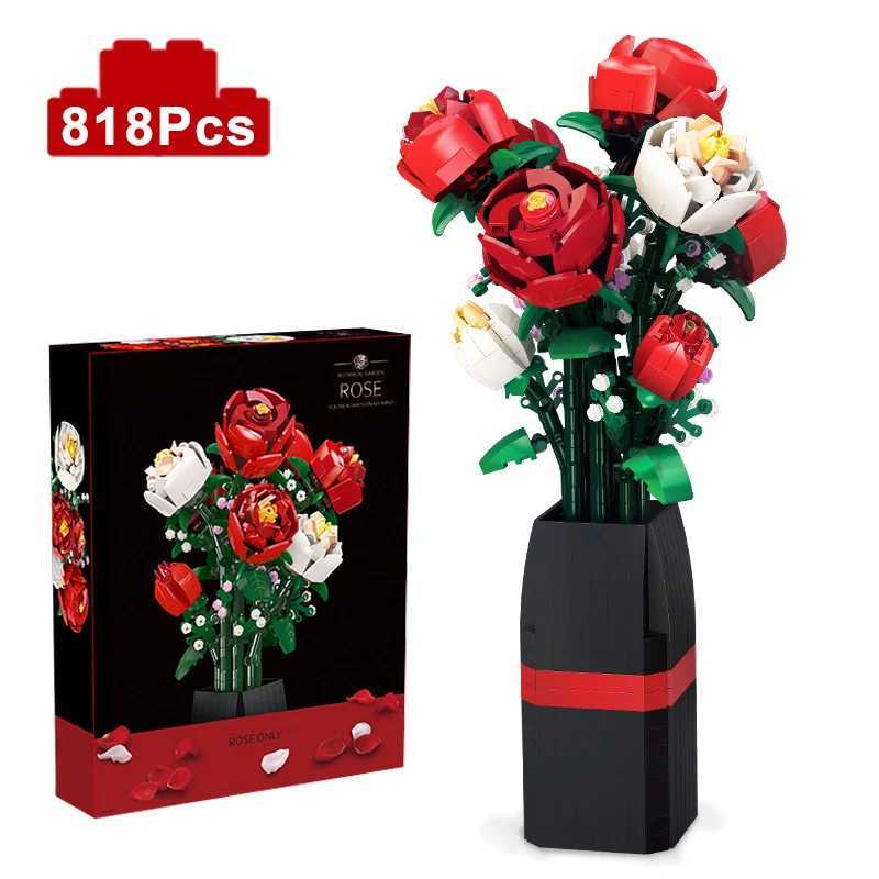 Creative Red Rose Vase Plants Model Building Blocks Moc Romantic Classic Flowers Bouquet Potted Bricks Toys Valentines Day Gift Y250627