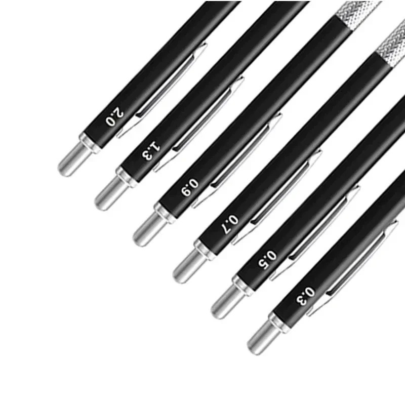 Full Black Metal Mechanical Pencils Set HB Leads 0.3 0.5 0.7 0.9 1.3 2.0mm Retractable Sketch Pencil with Eraser School Supplies 250624